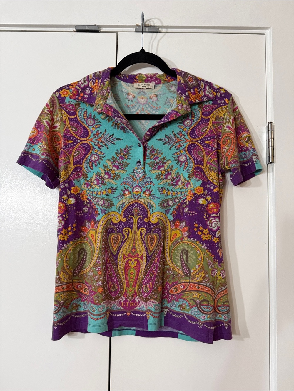 Etro Turquoise and Purple Paisley Short-Sleeve Polo